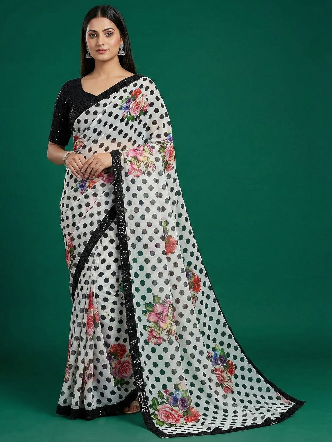 White & Black Georgette Saree Adorned with Elegant Polka Dot and a Subtle Sequin Border - Image 1