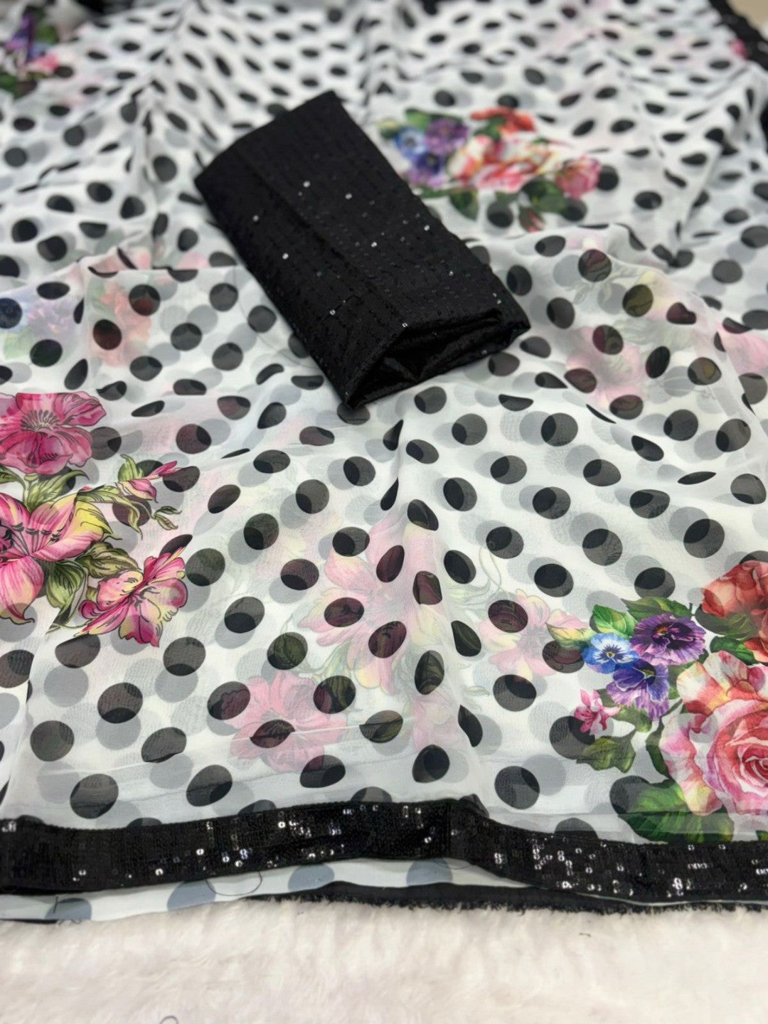 White & Black Georgette Saree Adorned with Elegant Polka Dot and a Subtle Sequin Border - Image 2