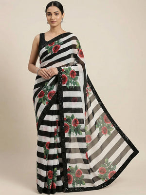Black Georgette Saree Highlighted with Striped Design and a Delicate Sequin Border - Image 1