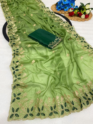 Vibrant Green Georgette Saree Adorned With Elegant Floral Embroidery Work - Image 2