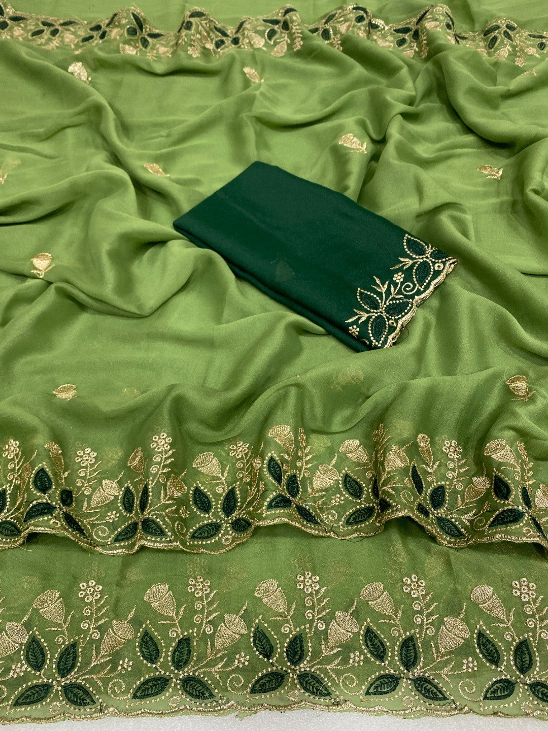 Vibrant Green Georgette Saree Adorned With Elegant Floral Embroidery Work - Image 4