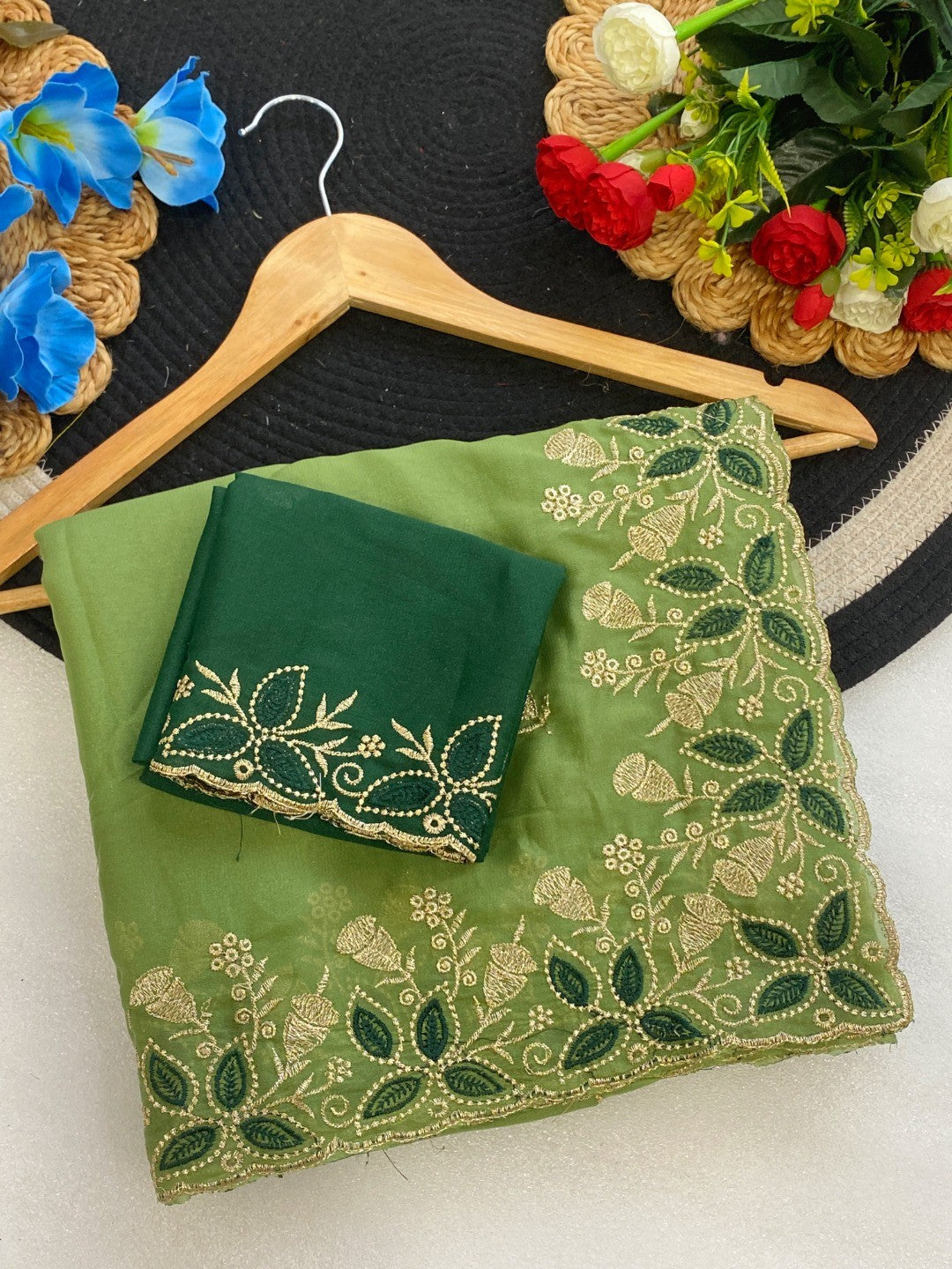 Vibrant Green Georgette Saree Adorned With Elegant Floral Embroidery Work - Image 3