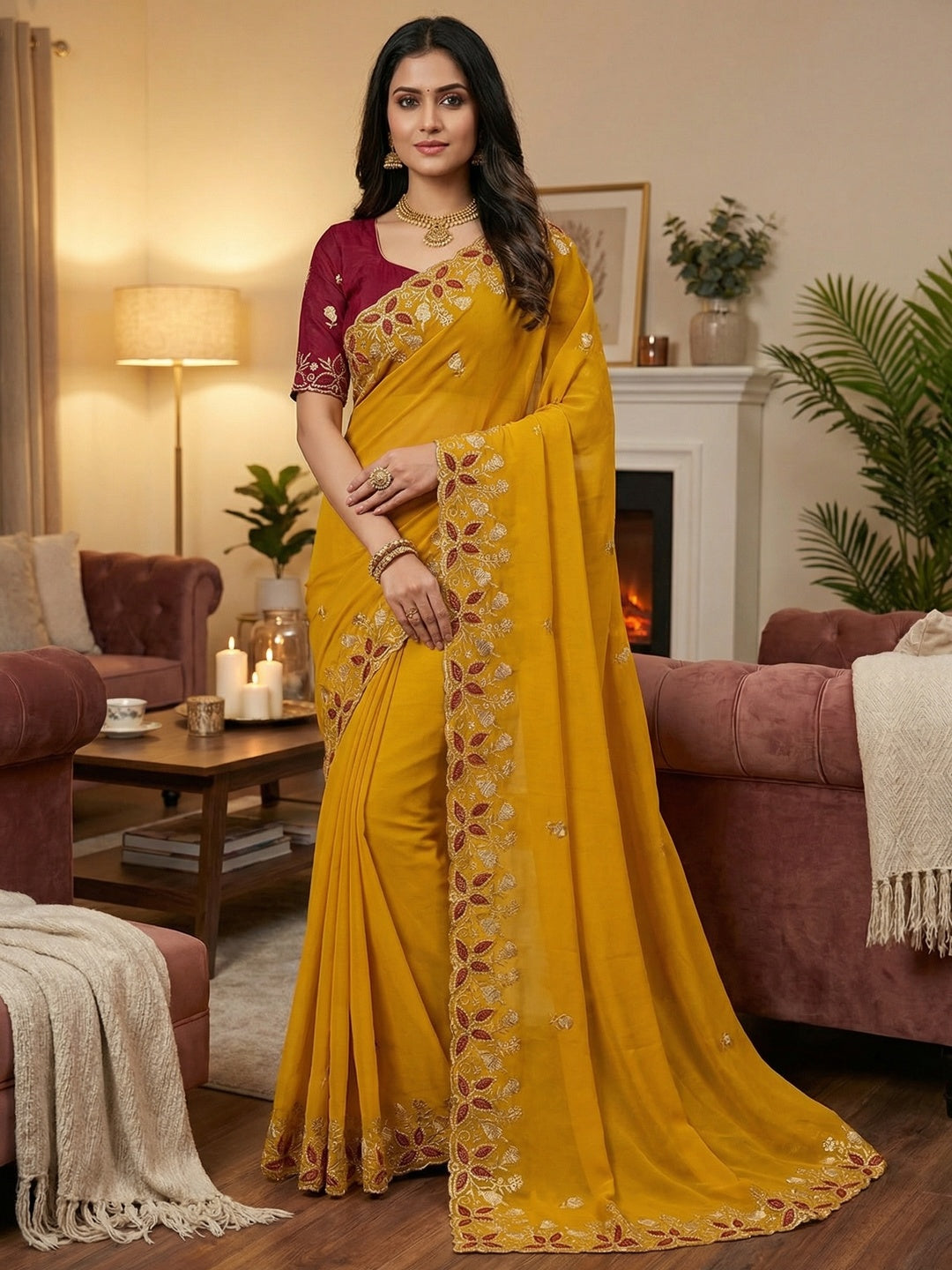 Vibrant Mustard Georgette Saree Adorned With Elegant Floral Embroidery Work - Image 1