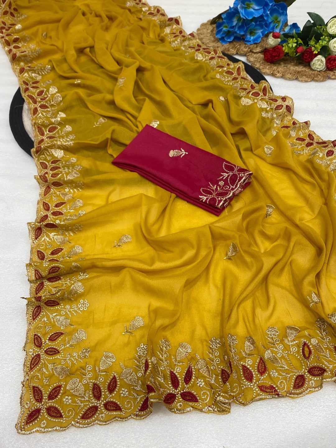 Vibrant Mustard Georgette Saree Adorned With Elegant Floral Embroidery Work - Image 3