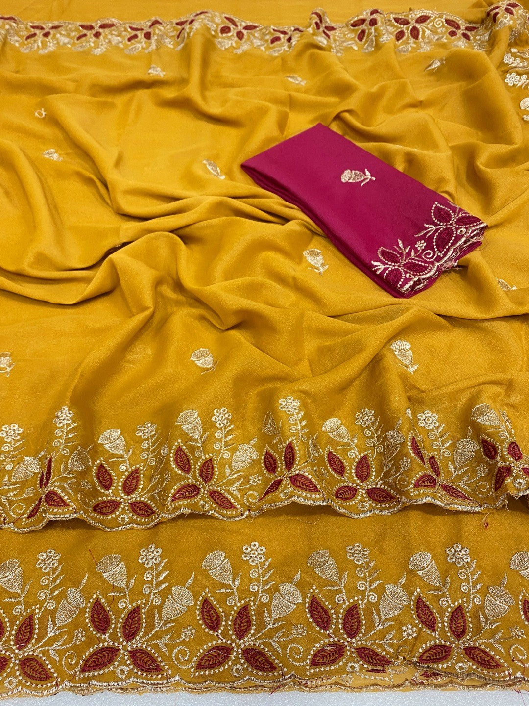 Vibrant Mustard Georgette Saree Adorned With Elegant Floral Embroidery Work - Image 3