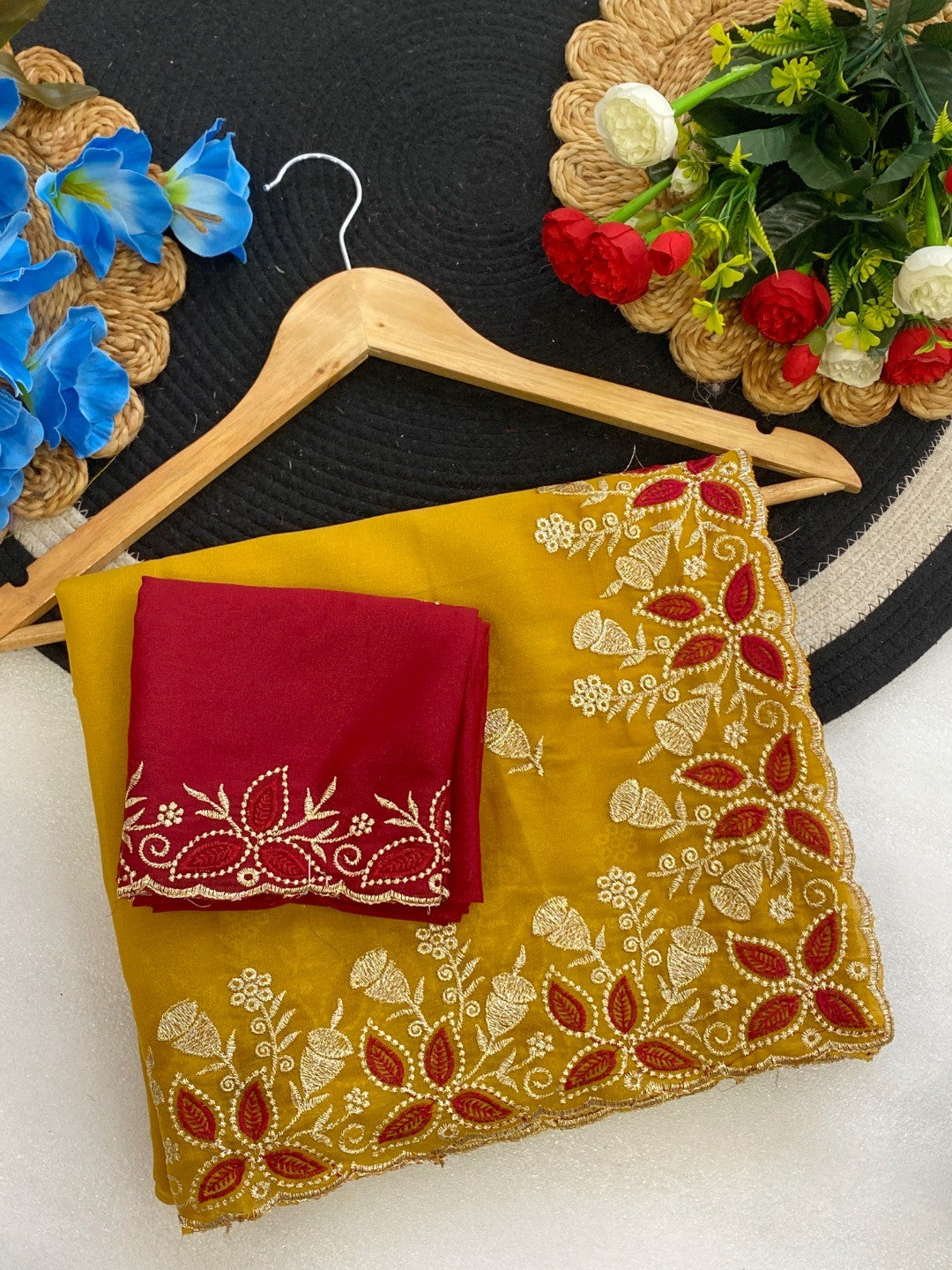 Vibrant Mustard Georgette Saree Adorned With Elegant Floral Embroidery Work - Image 4