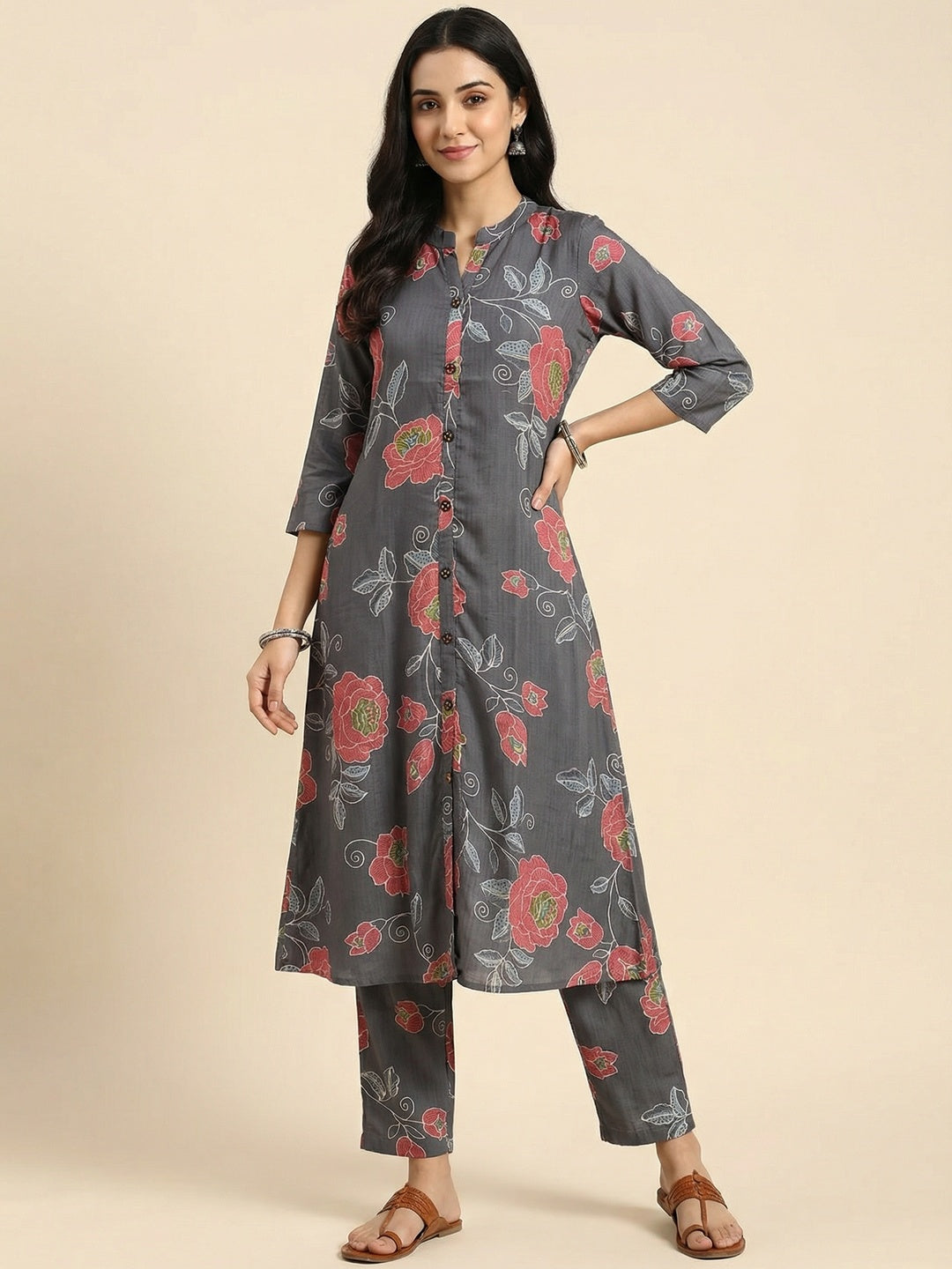 Grey Floral Printed Viscose A-Line Top Bottom Set by Aariya Designs - Image 1