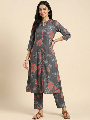 Grey Floral Printed Viscose A-Line Top Bottom Set by Aariya Designs - Image 1