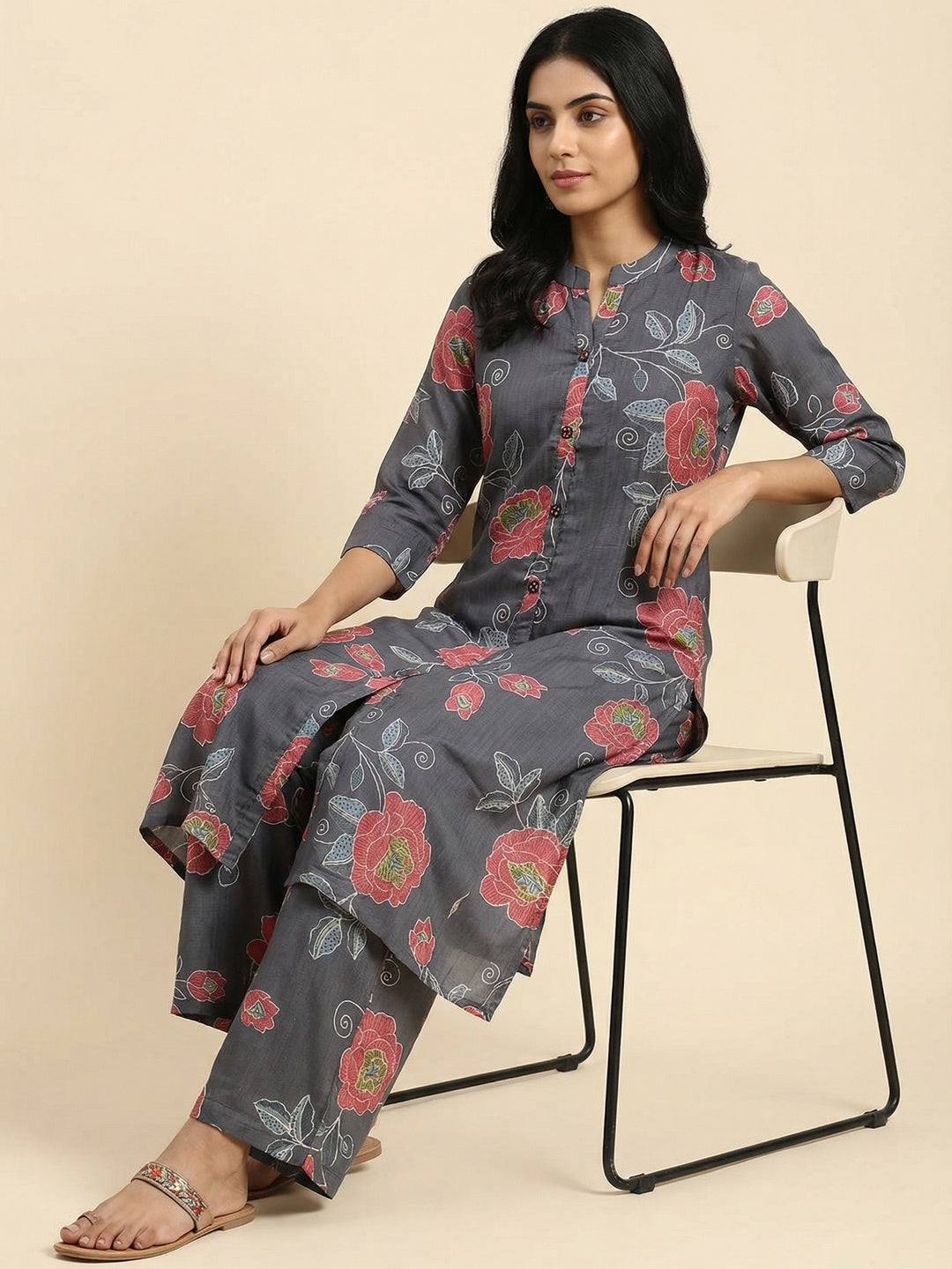 Grey Floral Printed Viscose A-Line Top Bottom Set by Aariya Designs - Image 4
