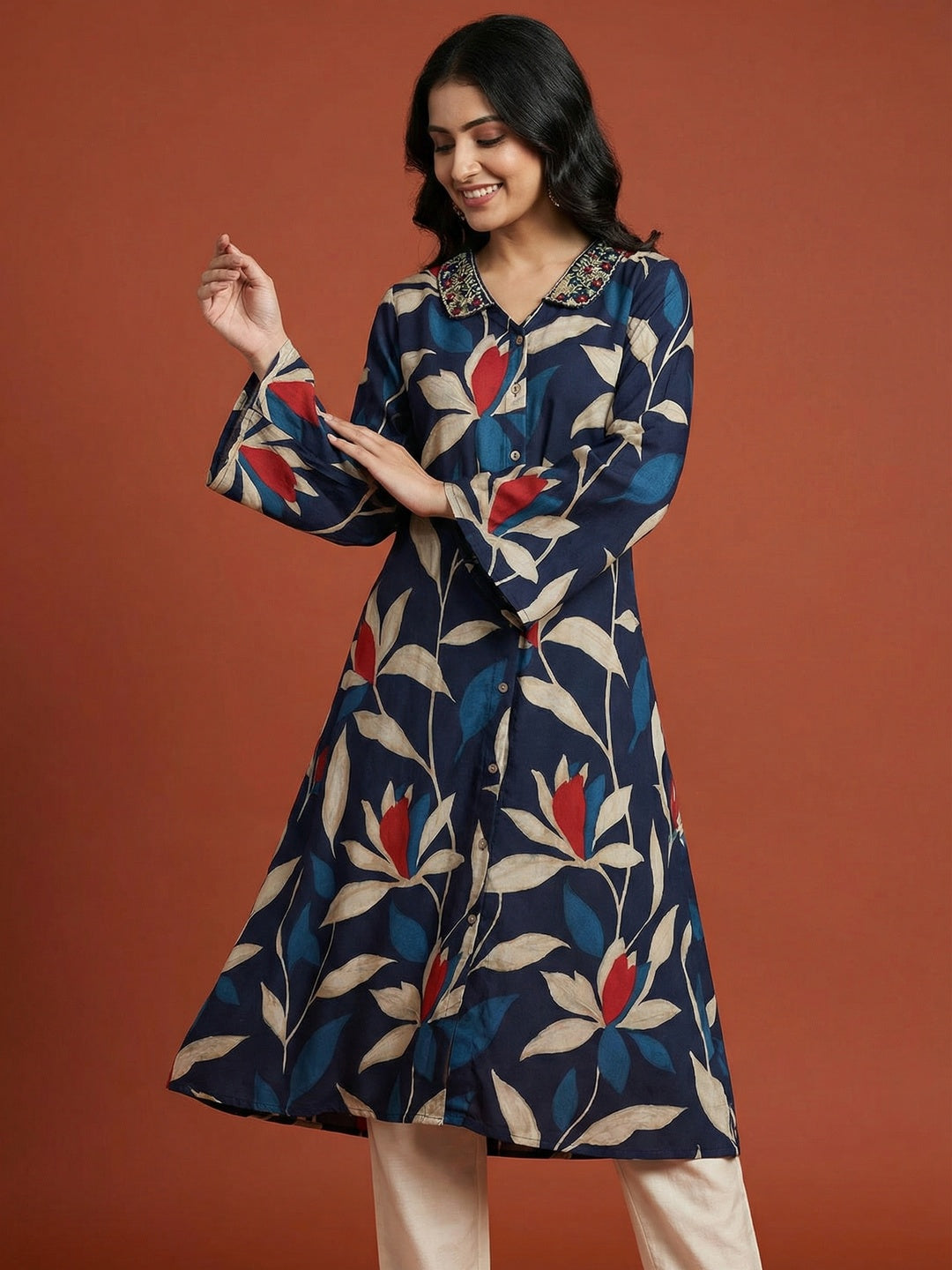 Blue Floral Printed Viscose A-Line Kurti with a Flattering Flowing Silhouette - Image 1