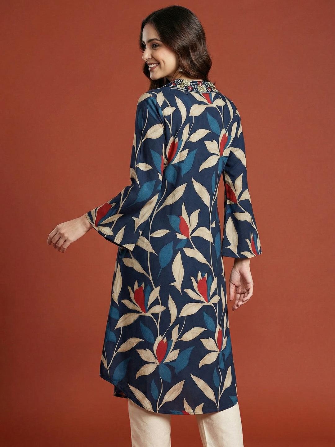 Blue Floral Printed Viscose A-Line Kurti with a Flattering Flowing Silhouette - Image 3