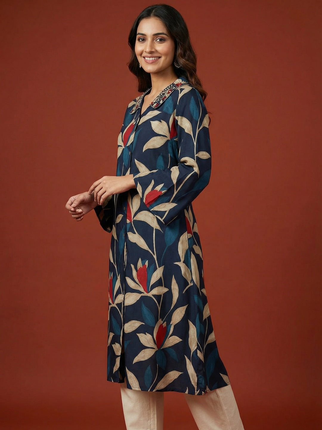 Blue Floral Printed Viscose A-Line Kurti with a Flattering Flowing Silhouette - Image 4