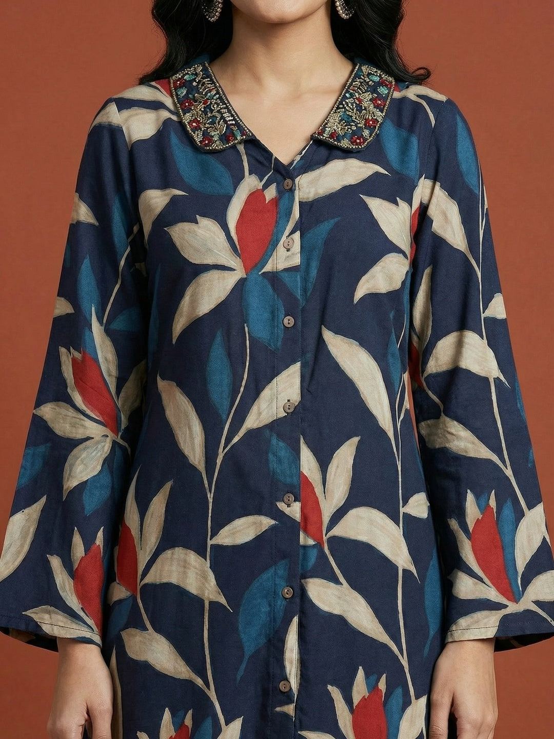 Blue Floral Printed Viscose A-Line Kurti with a Flattering Flowing Silhouette - Image 2