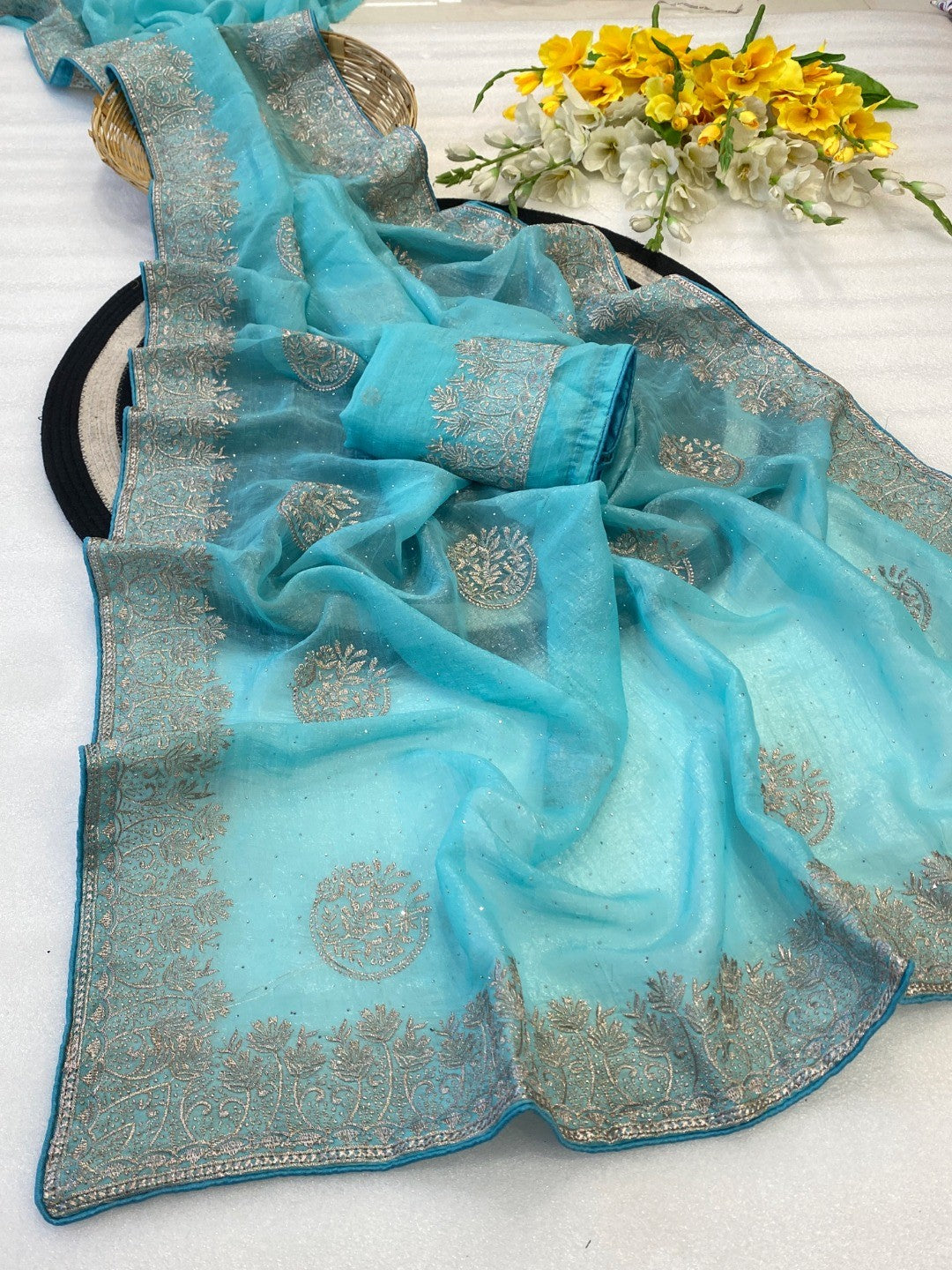 Elegant Blue Crunchy Saree Adorned With Floral Embroidery & Shimmering Swarovski Work - Image 3