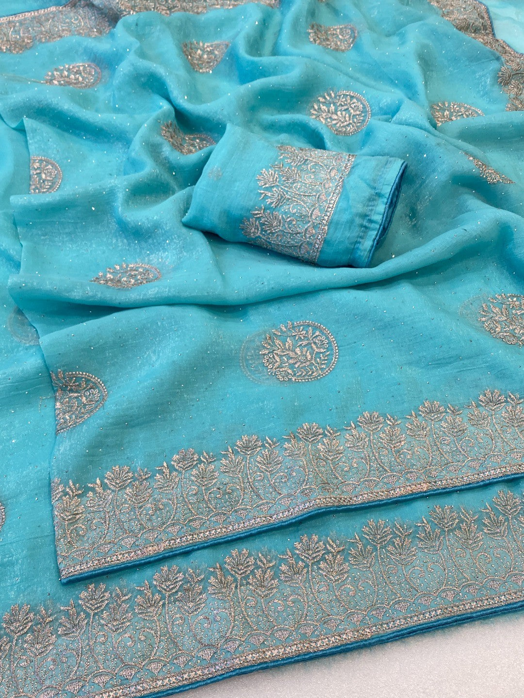 Elegant Blue Crunchy Saree Adorned With Floral Embroidery & Shimmering Swarovski Work - Image 4