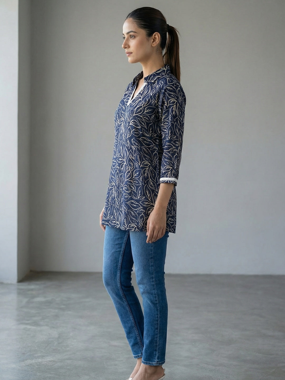 Navy Blue Rayon Floral Printed Straight-Fit Casual Wear Top - Image 4