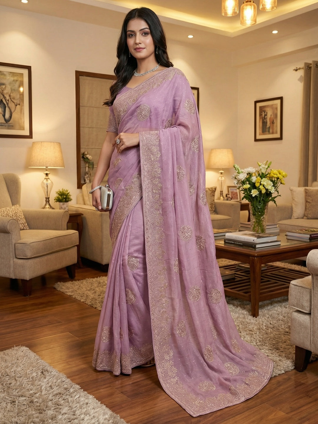 Elegant Lavender Crunchy Saree Adorned With Floral Embroidery & Shimmering Swarovski Work - Image 1