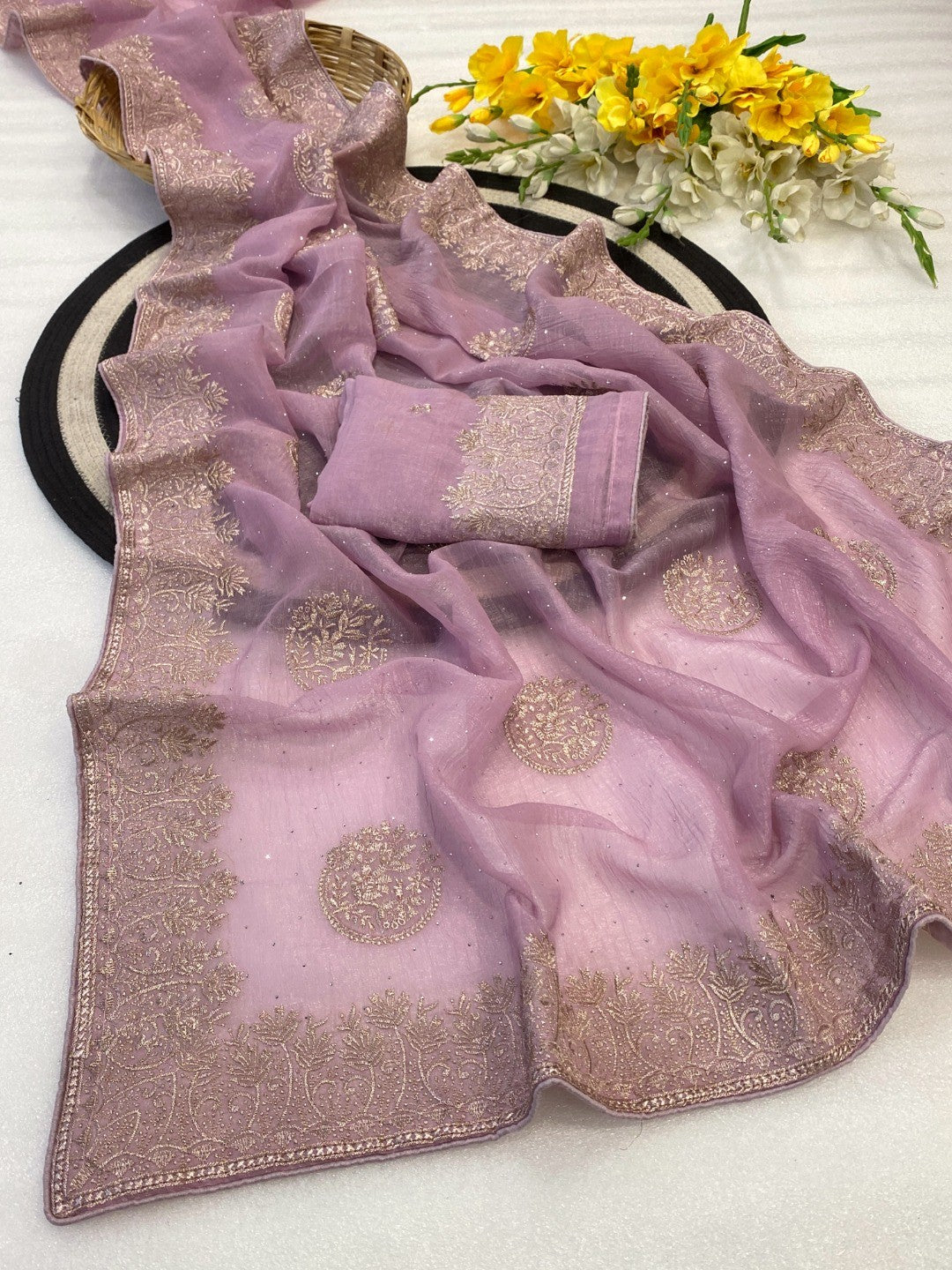 Elegant Lavender Crunchy Saree Adorned With Floral Embroidery & Shimmering Swarovski Work - Image 2