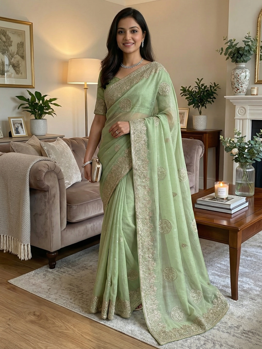 Elegant Green Crunchy Saree Adorned With Floral Embroidery & Shimmering Swarovski Work - Image 1