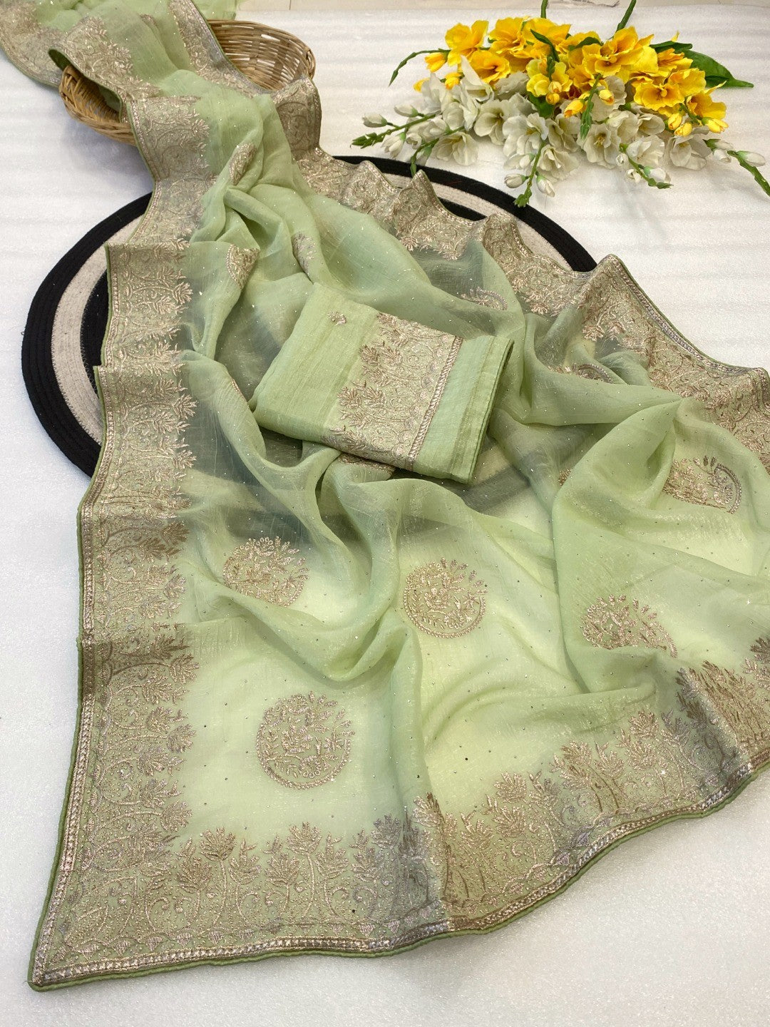 Elegant Green Crunchy Saree Adorned With Floral Embroidery & Shimmering Swarovski Work - Image 2