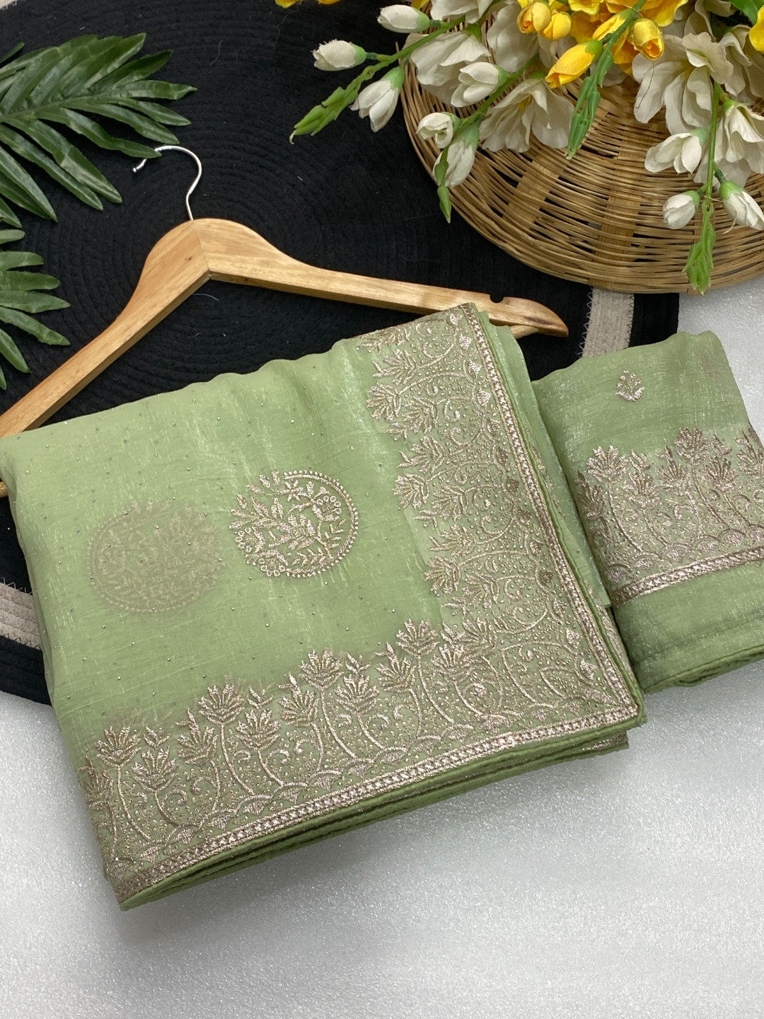 Elegant Green Crunchy Saree Adorned With Floral Embroidery & Shimmering Swarovski Work - Image 4