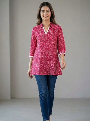 Pink Rayon Floral Printed Straight-Fit Casual Wear Top - Image 2