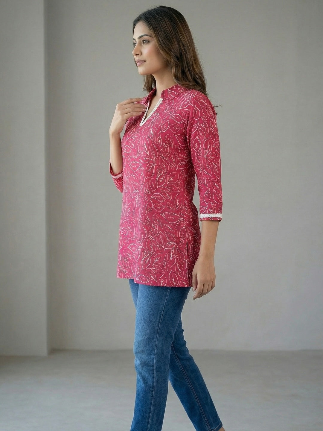 Pink Rayon Floral Printed Straight-Fit Casual Wear Top - Image 5