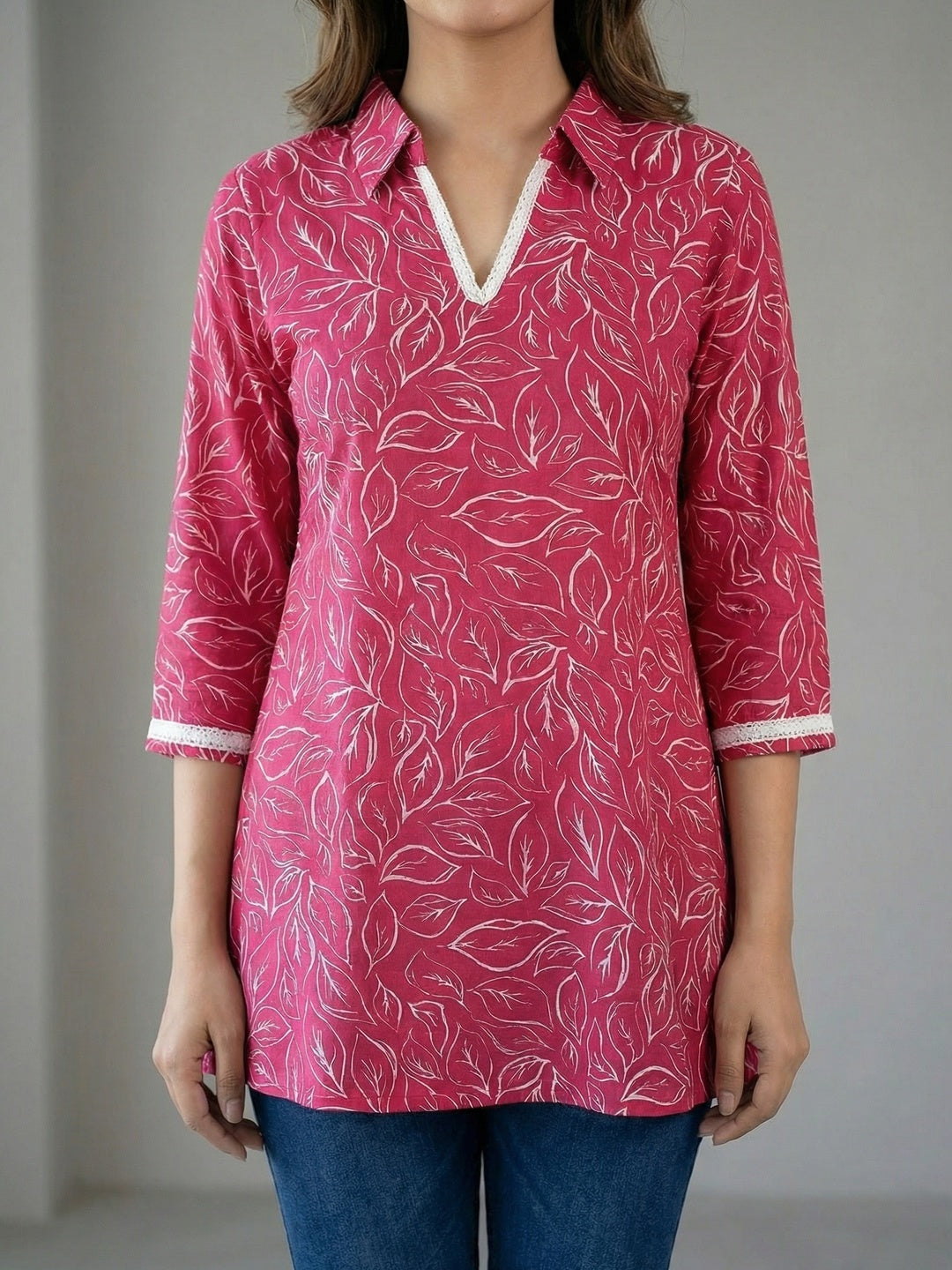 Pink Rayon Floral Printed Straight-Fit Casual Wear Top - Image 4