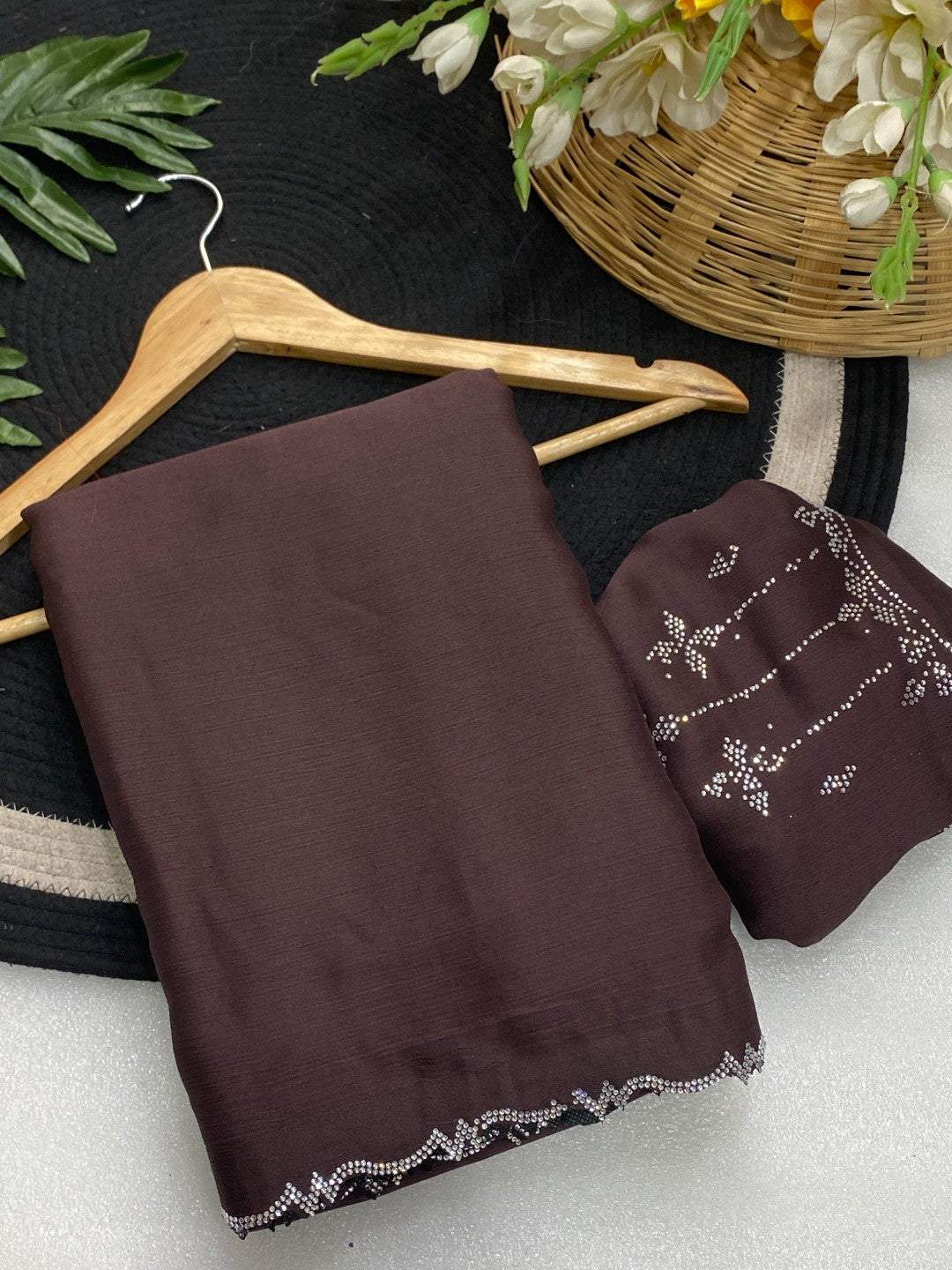Classic Brown Solid Chiffon Saree Featuring Subtle Stone Work Border Detailing - Image 4