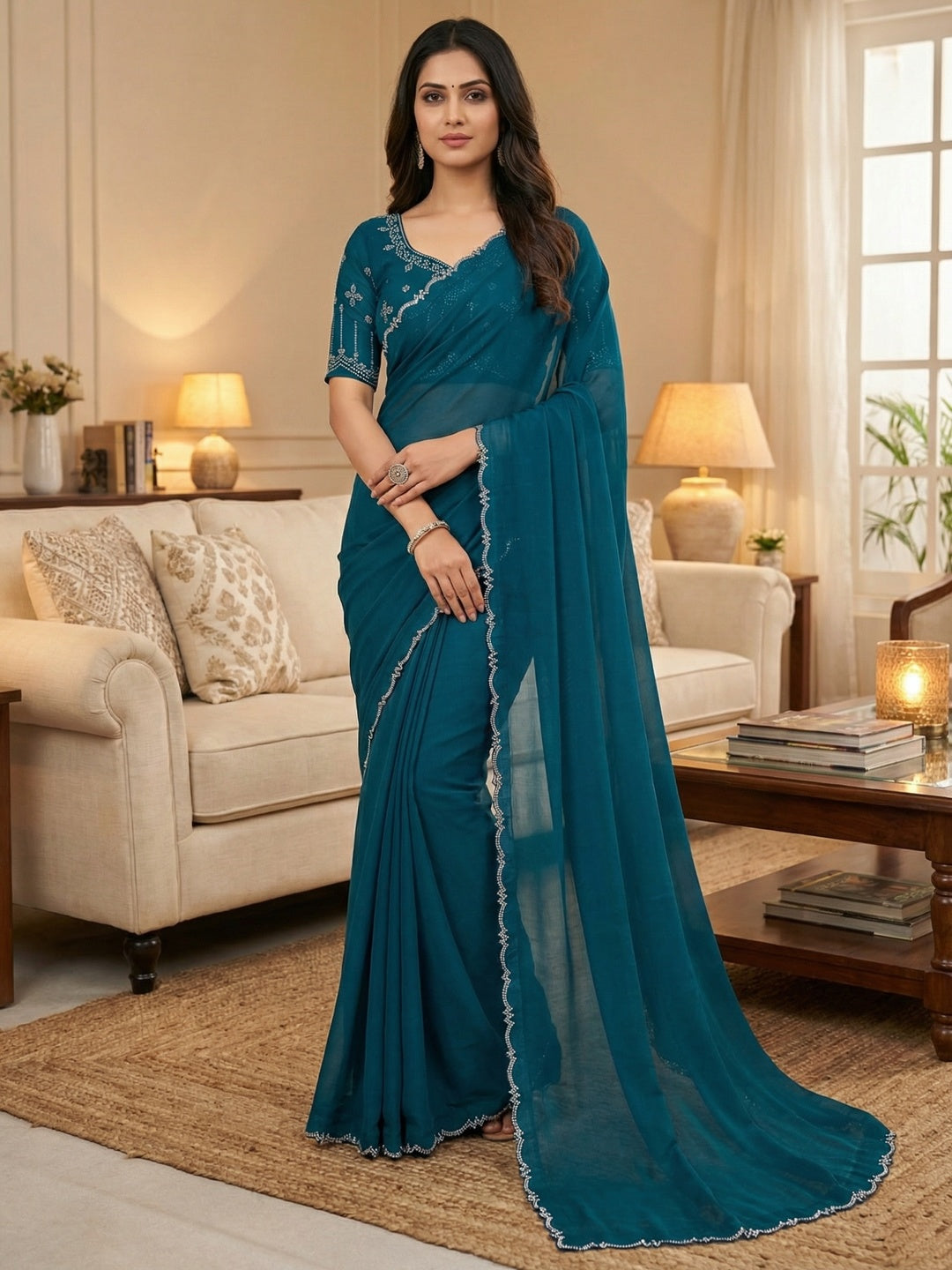 Classic Peacock Blue Solid Chiffon Saree Featuring Subtle Stone Work Border Detailing - Image 1