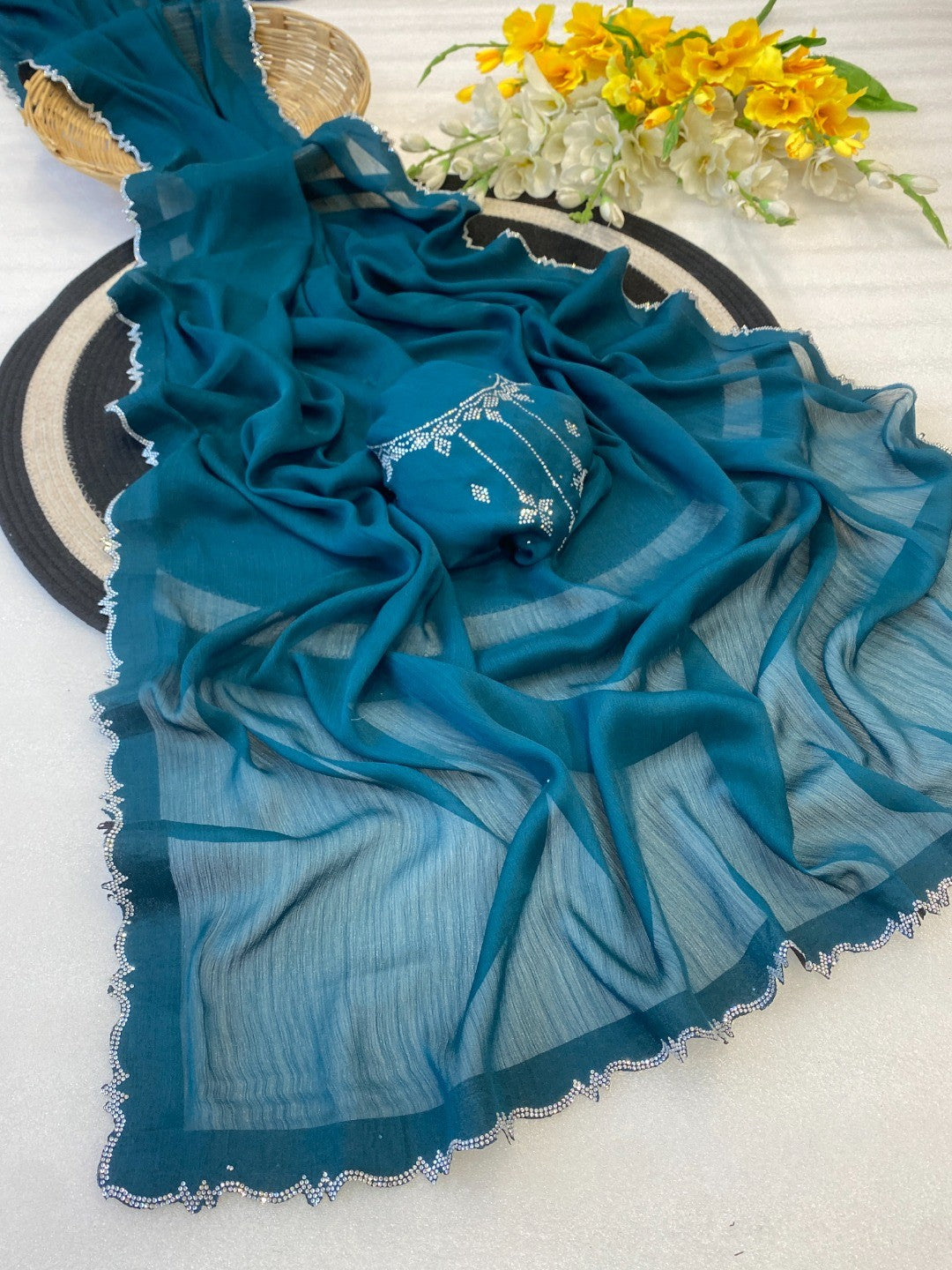 Classic Peacock Blue Solid Chiffon Saree Featuring Subtle Stone Work Border Detailing - Image 2