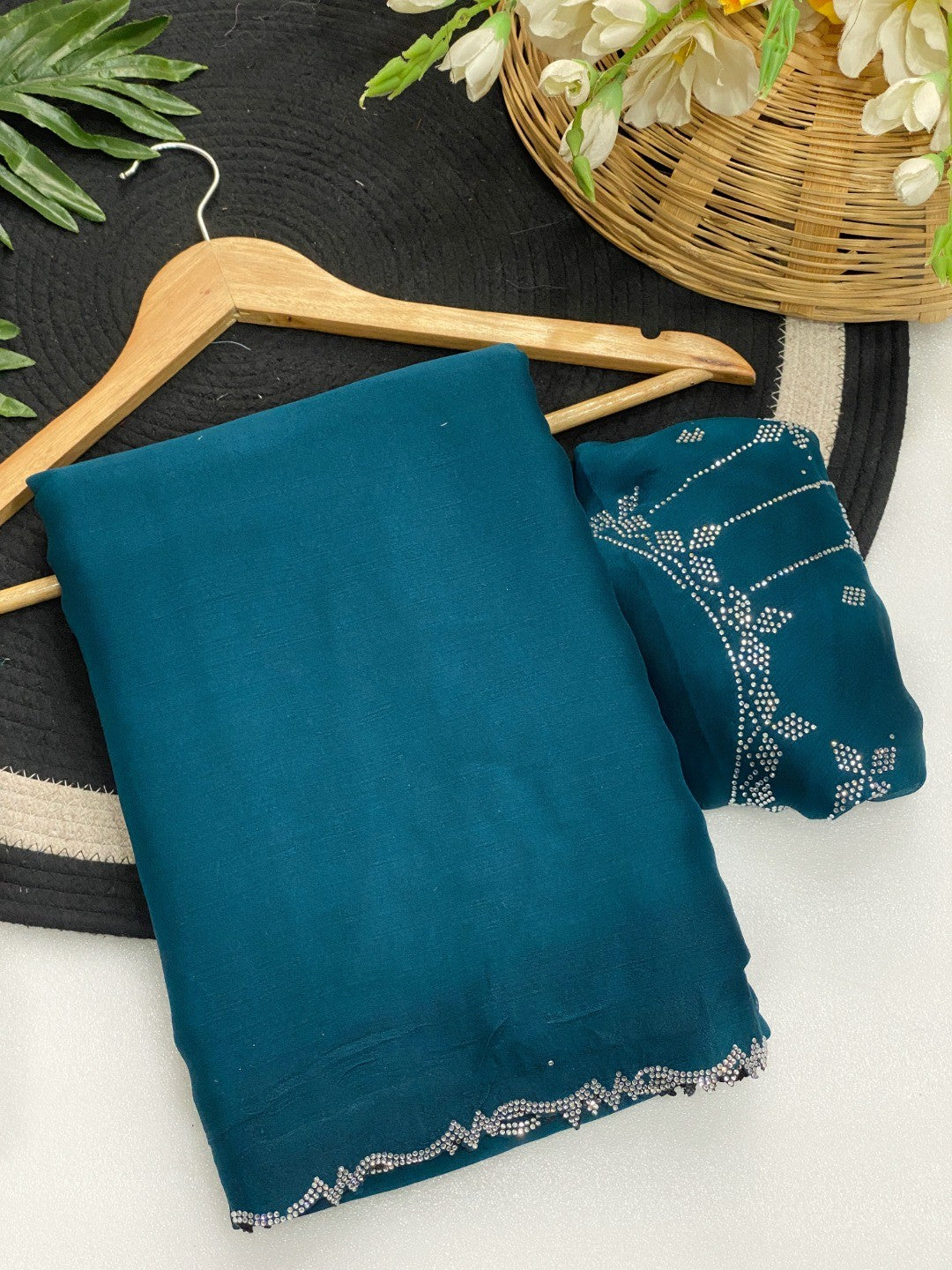 Classic Peacock Blue Solid Chiffon Saree Featuring Subtle Stone Work Border Detailing - Image 3
