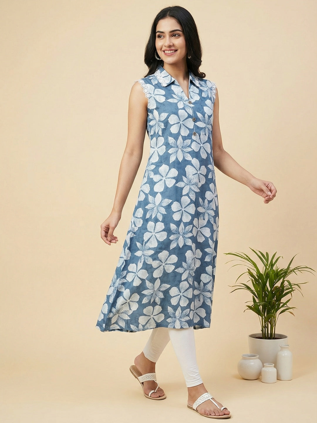 Blue Floral Print Rayon A-Line Kurti with Elegant Design for Casual Outings - Image 1