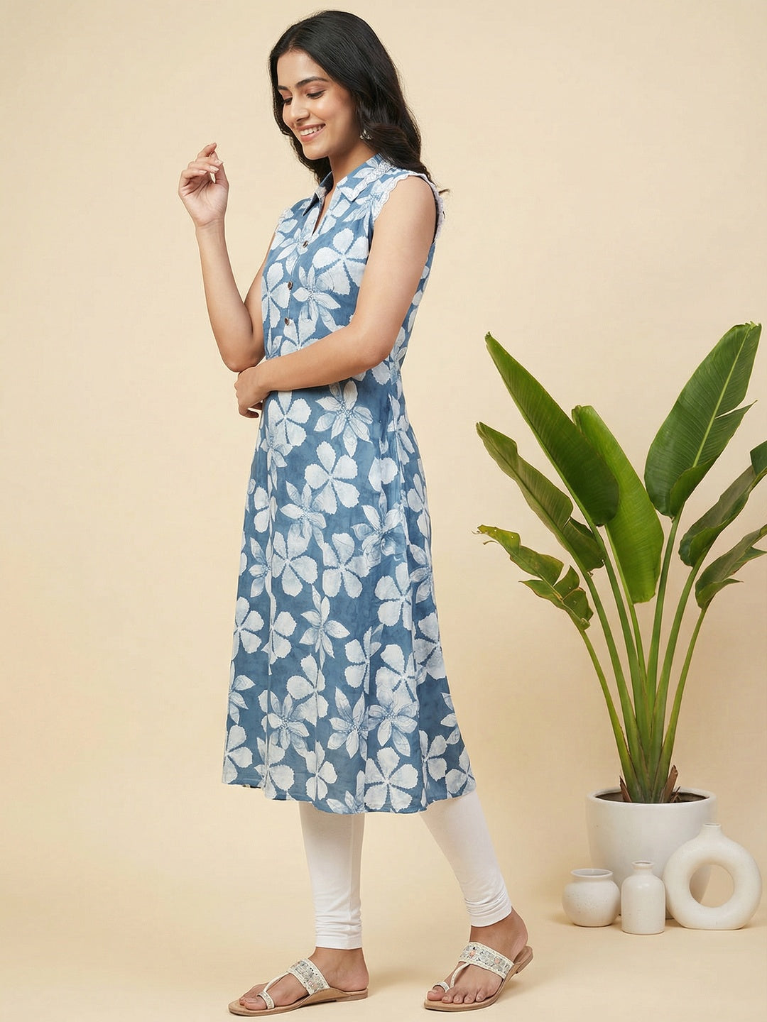 Blue Floral Print Rayon A-Line Kurti with Elegant Design for Casual Outings - Image 4