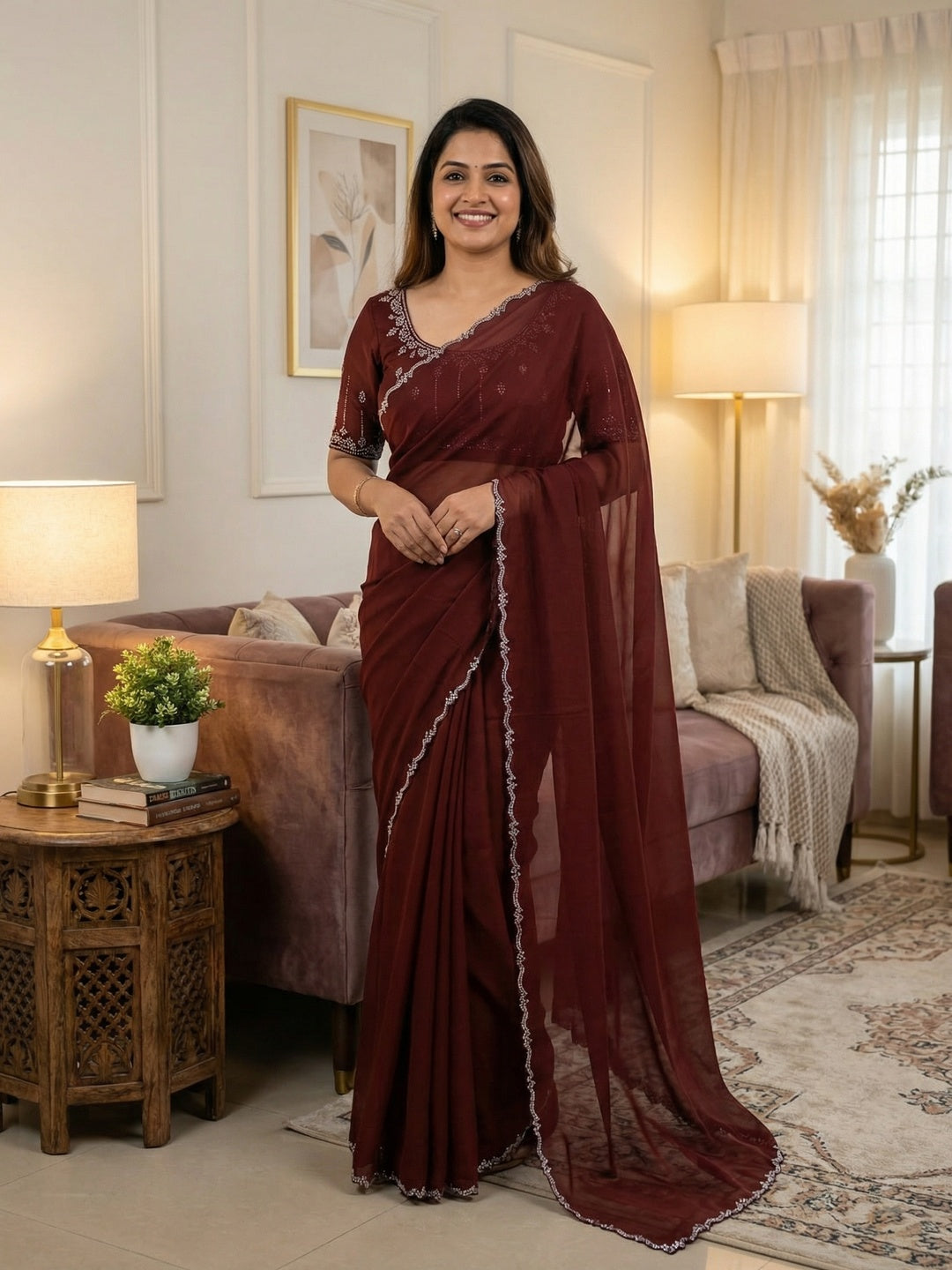 Classic Maroon Solid Chiffon Saree Featuring Subtle Stone Work Border Detailing - Image 1