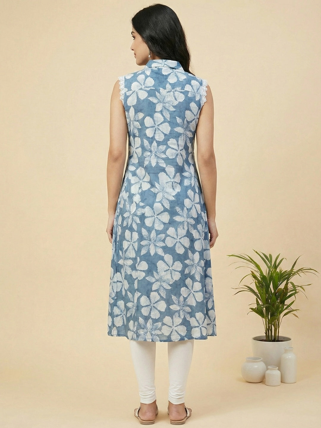 Blue Floral Print Rayon A-Line Kurti with Elegant Design for Casual Outings - Image 3