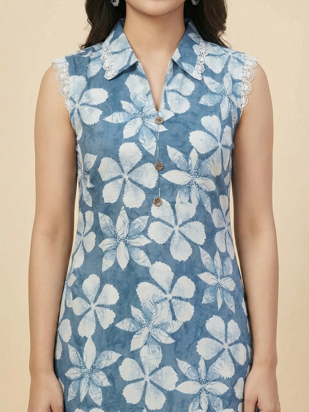 Blue Floral Print Rayon A-Line Kurti with Elegant Design for Casual Outings - Image 3