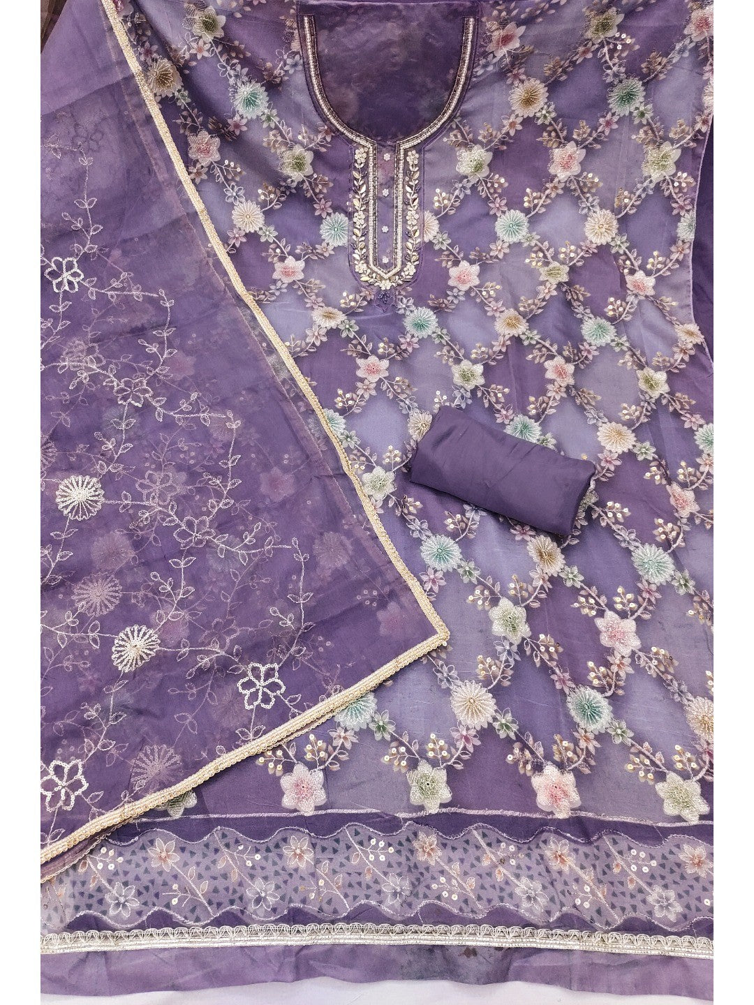 Sophisticated Lavender Floral Print Organza Dress Material With Sequins Embroidery & Moti Handwork - Image 3