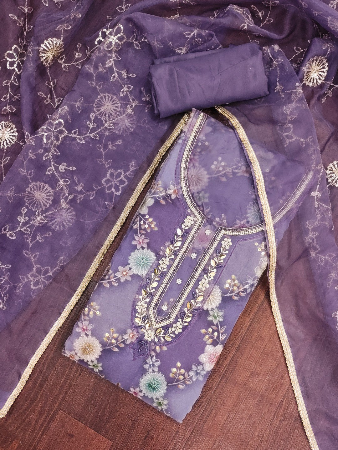 Sophisticated Lavender Floral Print Organza Dress Material With Sequins Embroidery & Moti Handwork - Image 1