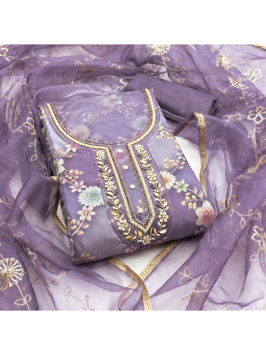 Sophisticated Lavender Floral Print Organza Dress Material With Sequins Embroidery & Moti Handwork - Image 4