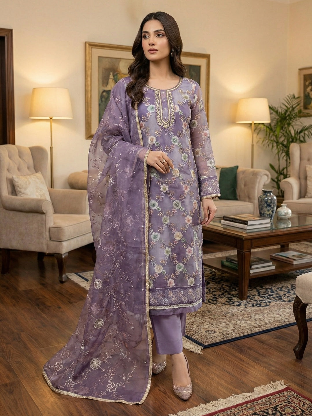 Sophisticated Lavender Floral Print Organza Dress Material With Sequins Embroidery & Moti Handwork - Image 2