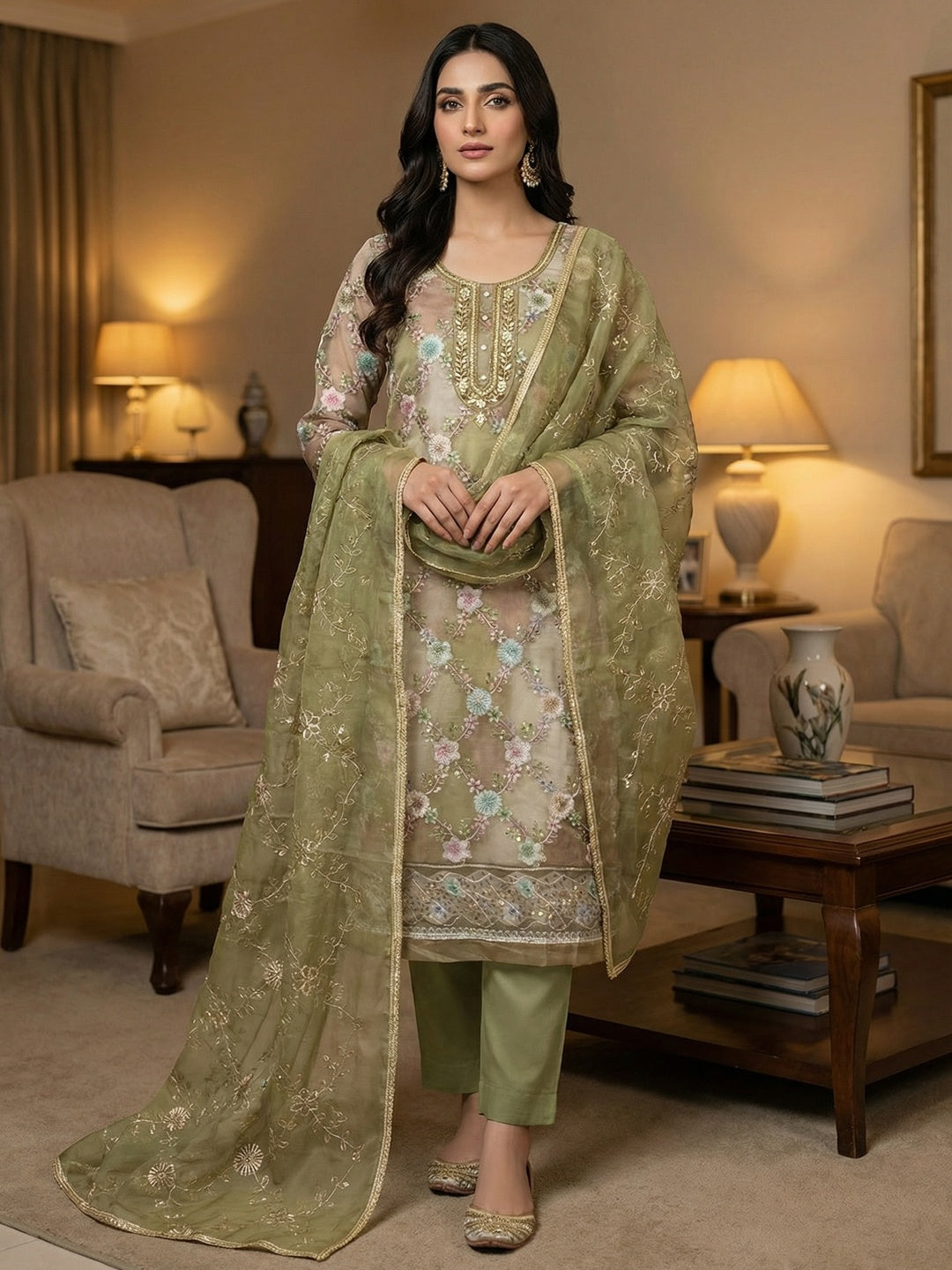 Sophisticated Green Floral Print Organza Dress Material With Sequins Embroidery & Moti Handwork - Image 2
