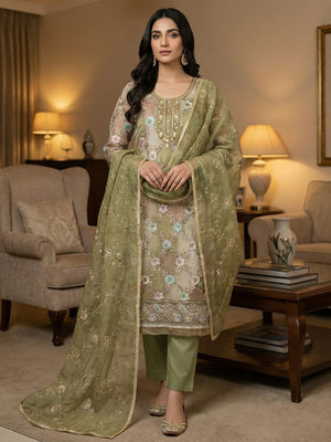 Sophisticated Green Floral Print Organza Dress Material With Sequins Embroidery & Moti Handwork - Image 2