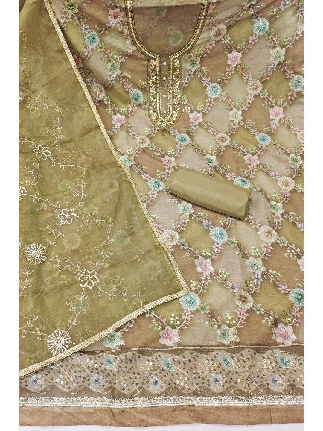 Sophisticated Green Floral Print Organza Dress Material With Sequins Embroidery & Moti Handwork - Image 3