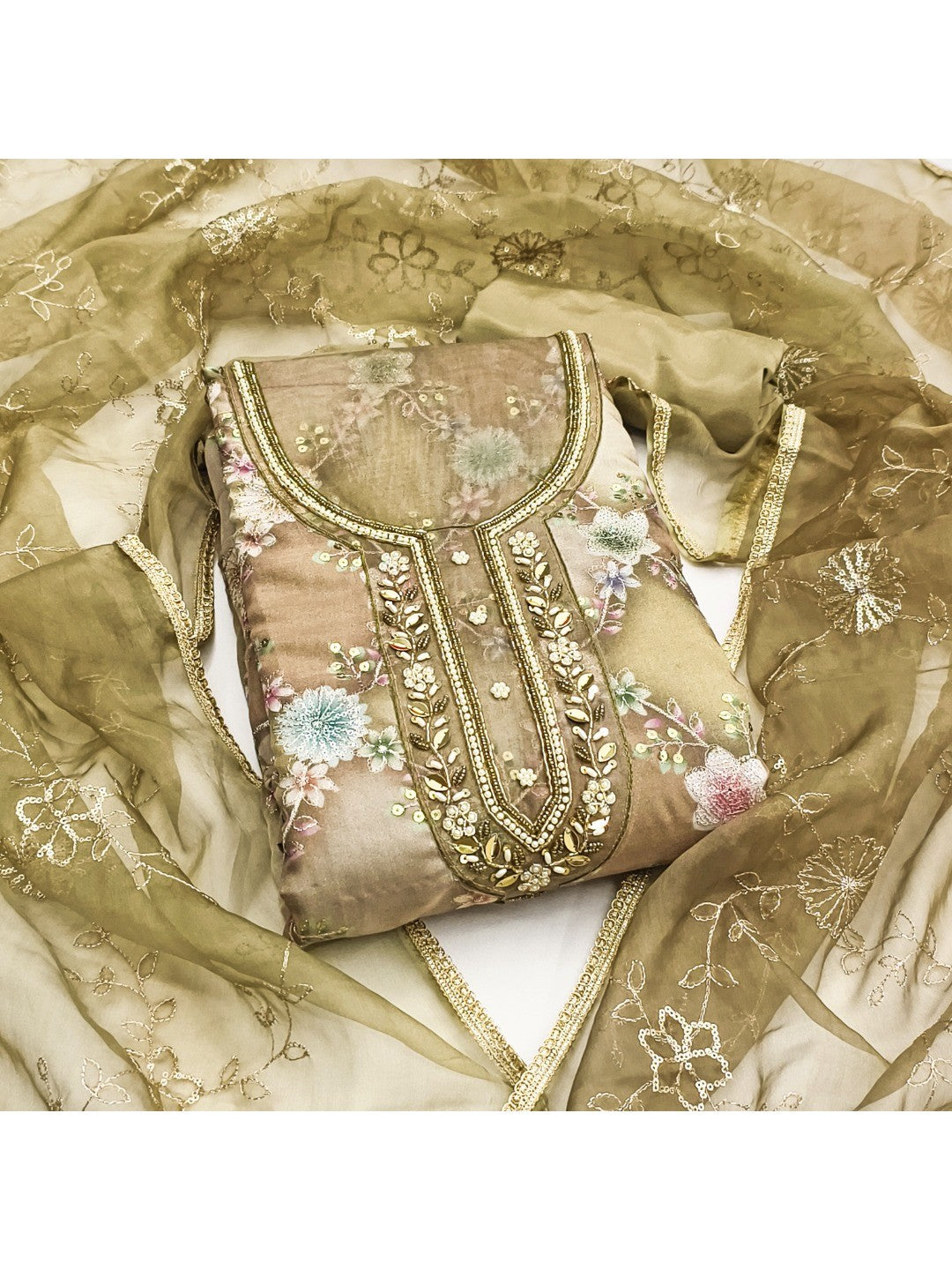 Sophisticated Green Floral Print Organza Dress Material With Sequins Embroidery & Moti Handwork - Image 4