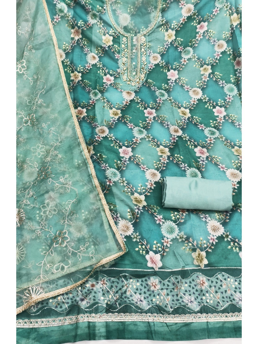 Sophisticated Rama Blue Floral Print Organza Dress Material With Sequins Embroidery & Moti Handwork - Image 4