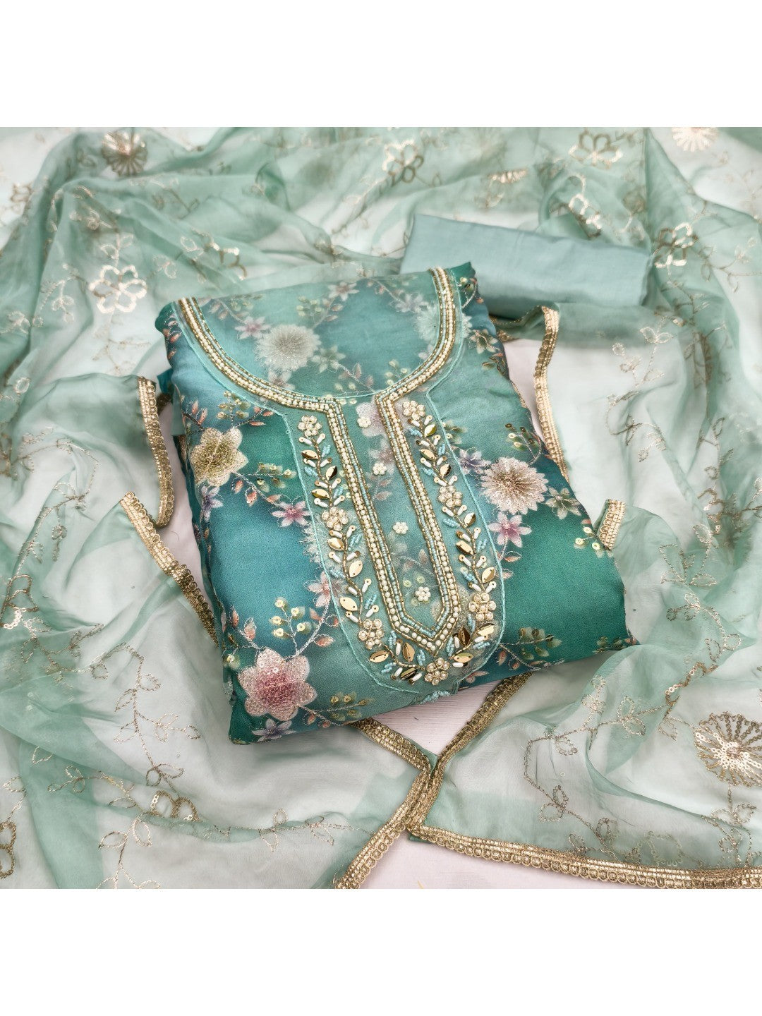 Sophisticated Rama Blue Floral Print Organza Dress Material With Sequins Embroidery & Moti Handwork - Image 3