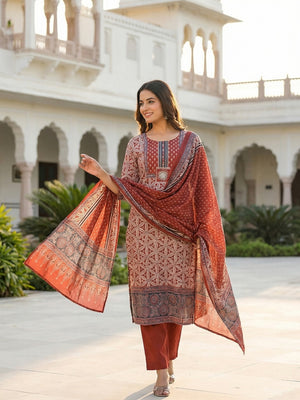 Red Floral Printed Pure Cotton Straight-Fit Salwar Suit With Handwork Detailing - Image 1