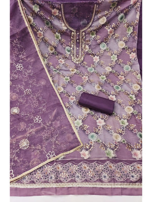 Sophisticated Purple Floral Print Organza Dress Material With Sequins Embroidery & Moti Handwork - Image 2