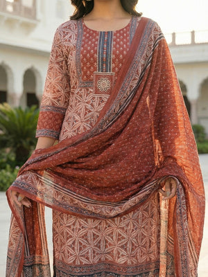 Red Floral Printed Pure Cotton Straight-Fit Salwar Suit With Handwork Detailing - Image 2
